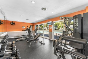A gym with orange walls and a variety of equipment.